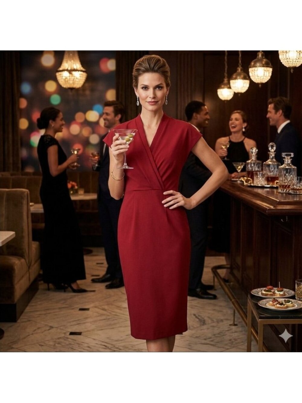 BAUKJEN V neck Elegant Red wrap front sheath midi Dress 8